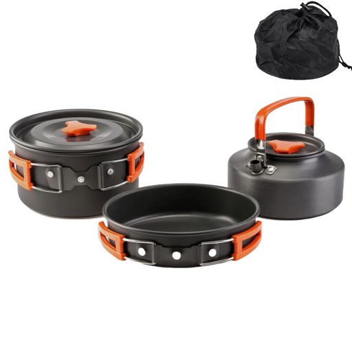OULOVECOキャンプ用調理器具セット3点セット食品グレードの硬質アルミニウム折畳み式軽量アウトドアケトルフライパン調理鍋収納袋付き持ち運びに便利キャンプ用品耐熱直火対応調理器具…