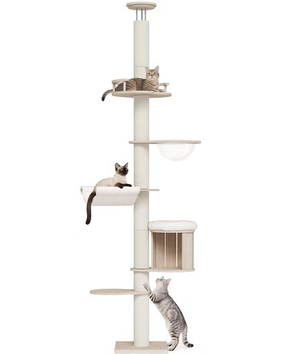 OROPYキャットタワー突っ張り木製スリム宇宙船ハンモック付き多頭飼い猫タワー省スペース運動不足解消隠れ家爪とぎポスト全綿縄巻きキャットツリー220-271cm調整