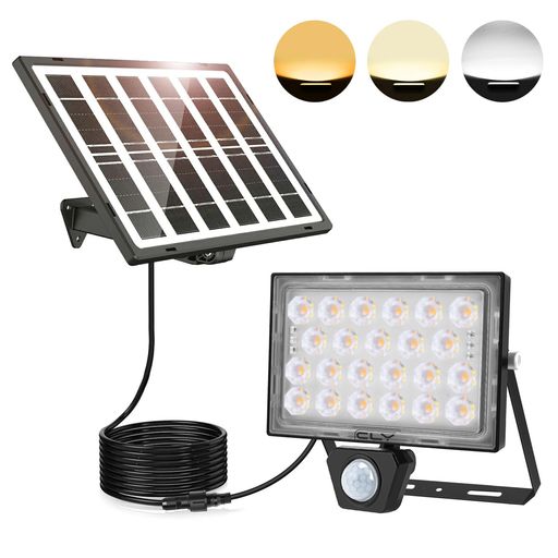CLYソーラーライト屋外センサーライト分離式LED投光器防犯フラッドライト電球色昼白色昼光色6000K5000mAhIP66防水5mコード高輝度100w相当PIR人感&光センサー自動点灯/消灯省エネ電気代不要