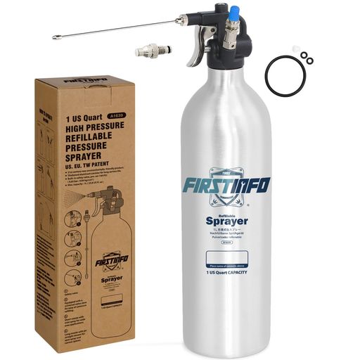 良匠 FIRSTINFO TOOLS 高圧用詰替式スプレー缶 1000mL アルミ製 逆さ使用可 充填式 引金式 缶スプレー リフィーラー 霧吹きショート・一点集中ロングノズル付き｜NextGenShop