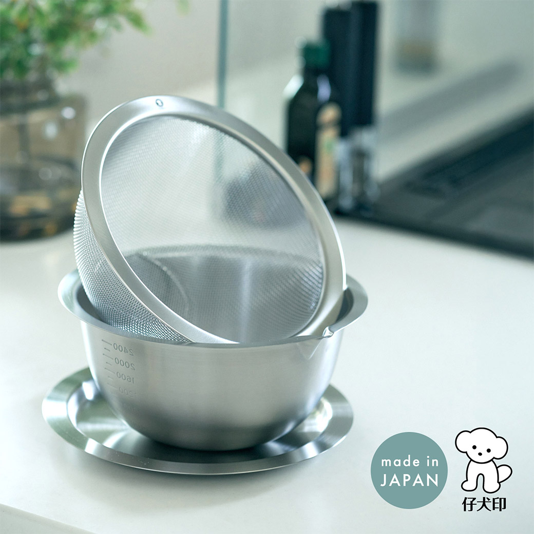 【365日配送】最大1000円OFFクーポン！ 仔犬印 フラットエッジ深型ボウルシリーズ 3点セット ボウル・メッシュボウル・トレー 18-8ステンレス ザル バット 食洗器対応 日本製 燕三条 本間製作所｜緑葉風 店