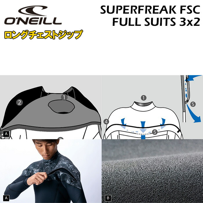 サーフィンウェットスーツO'NEILLオニールウエットスーツスーパーフリークFSCメンズフルスーツ3×2ロングチェストジップSUPERFREAKFSCWF-9560日本正規品春夏用ジャージフル人気モデルブラックブラック/リーフブラック