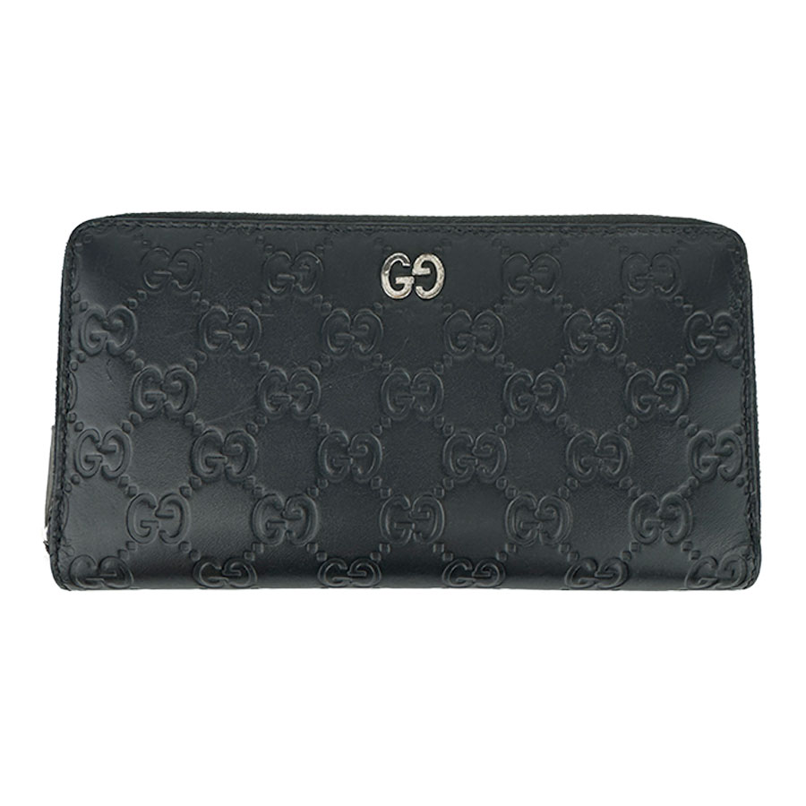 【GUCCI】グッチ 473928 グッチシマ なめし革 ラウンドファスナーウォレット 黒いこと 長紙入れ 【貨物輸送無料】【中古】