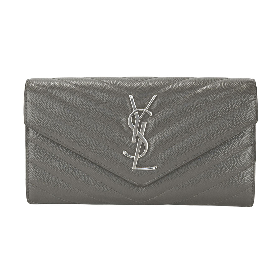 【SAINT LAURENT】YSL サンローラン 372264 カサンドラ サンローラン マトラッセ ラージ フラップウォレット Vステッチ グレー/シルバー金具 レザー 長財布 【送料無料】【中古】
