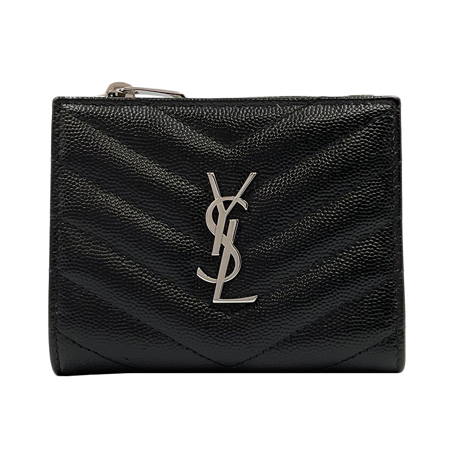 【SAINT LAURENT】YSL サンローラン 575879BOW021000 モノグラム バイフォールドウォレット 黒/しろがね色金具 なめし革 二つ折り紙入れ パウダーコンパクト紙入れ レディース紙入れ 【貨物輸送無料】【中古】