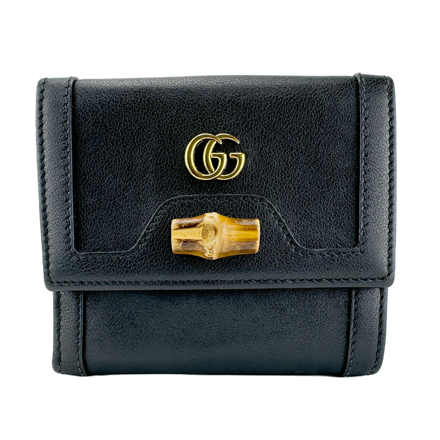 【GUCCI】グッチ 671789・2184 ダイアナ バンブー プチＧＧマーモント GGマーモント なめし革 黒いこと 二つ折り紙入れ 【貨物輸送無料】【中古】