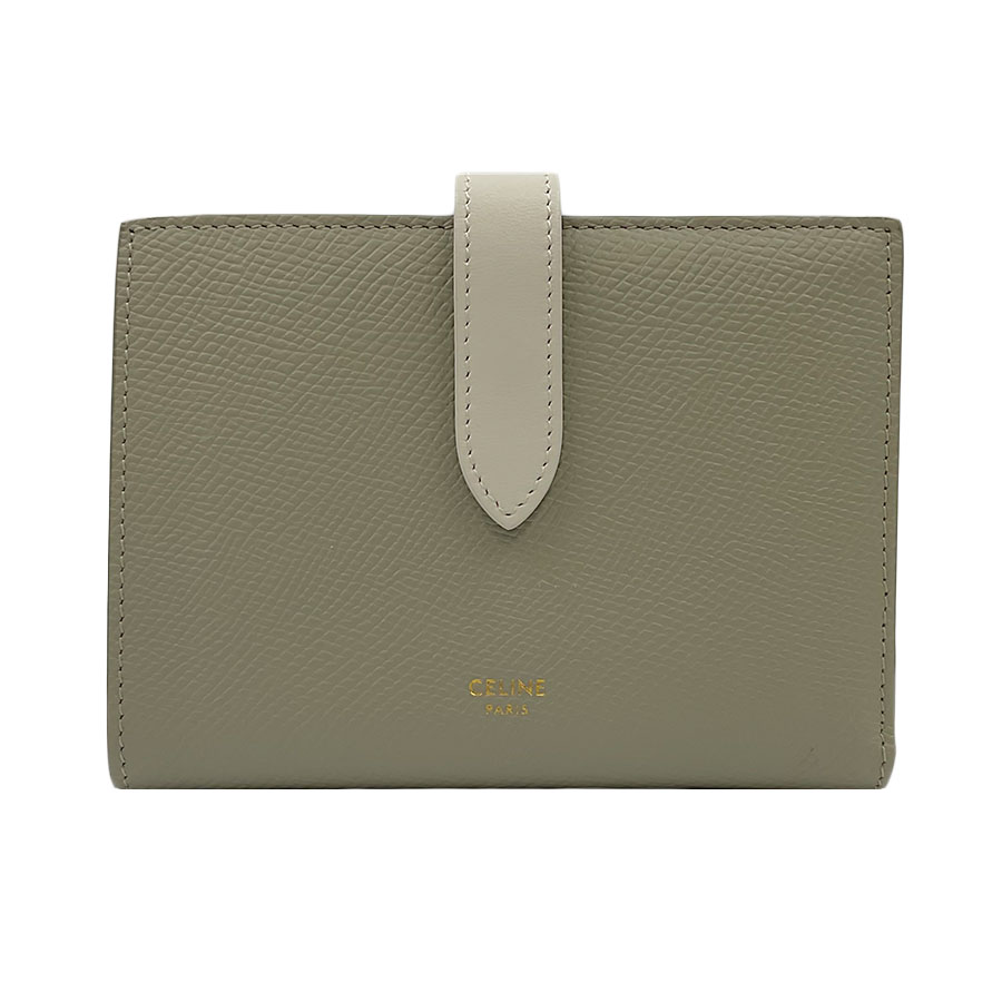 【CELINE】セリーヌ 10B643BRU.31GW ミディアムストラップウォレット 緑であること粘土/白いこと グレインドカーフスキン 二つ折り札入れ 【貨物輸送無料】【中古】
