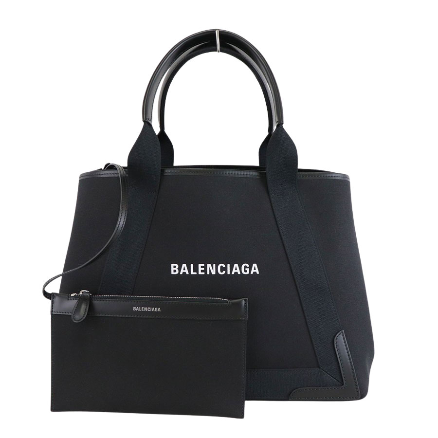 【BALENCIAGA】バレンシアガ ネイビーカバス M 581292 黒いこと 帆布/カーフスキン 取りはずし能力のある合切袋付 トートバッグ【貨物輸送無料】【中古】