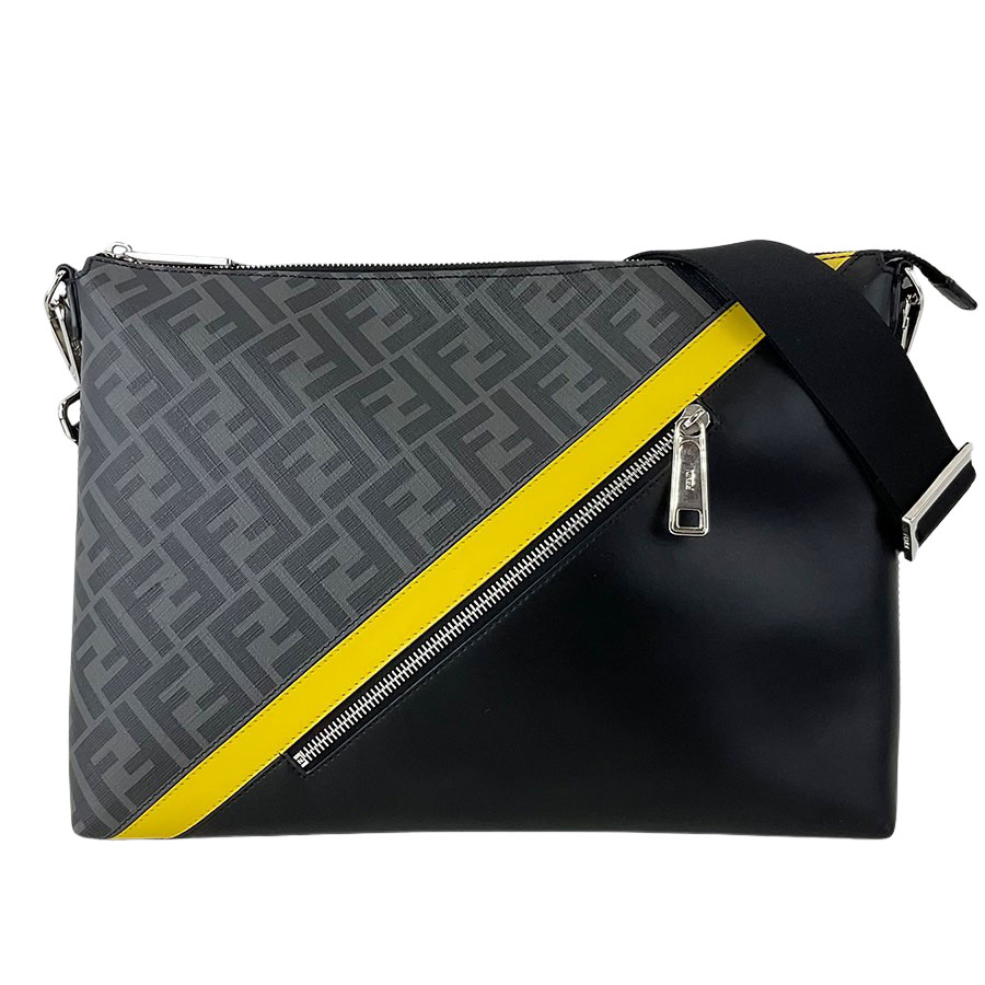 【FENDI】フェンディ 7VA470 ALKA FOR2A ダイアゴナル メッセンジャーバッグ 黒 グレー イエロー ファブリック レザー 2WAY ショルダーバッグ メンズバック クラッチバッグ 【送料無料】【中古】
