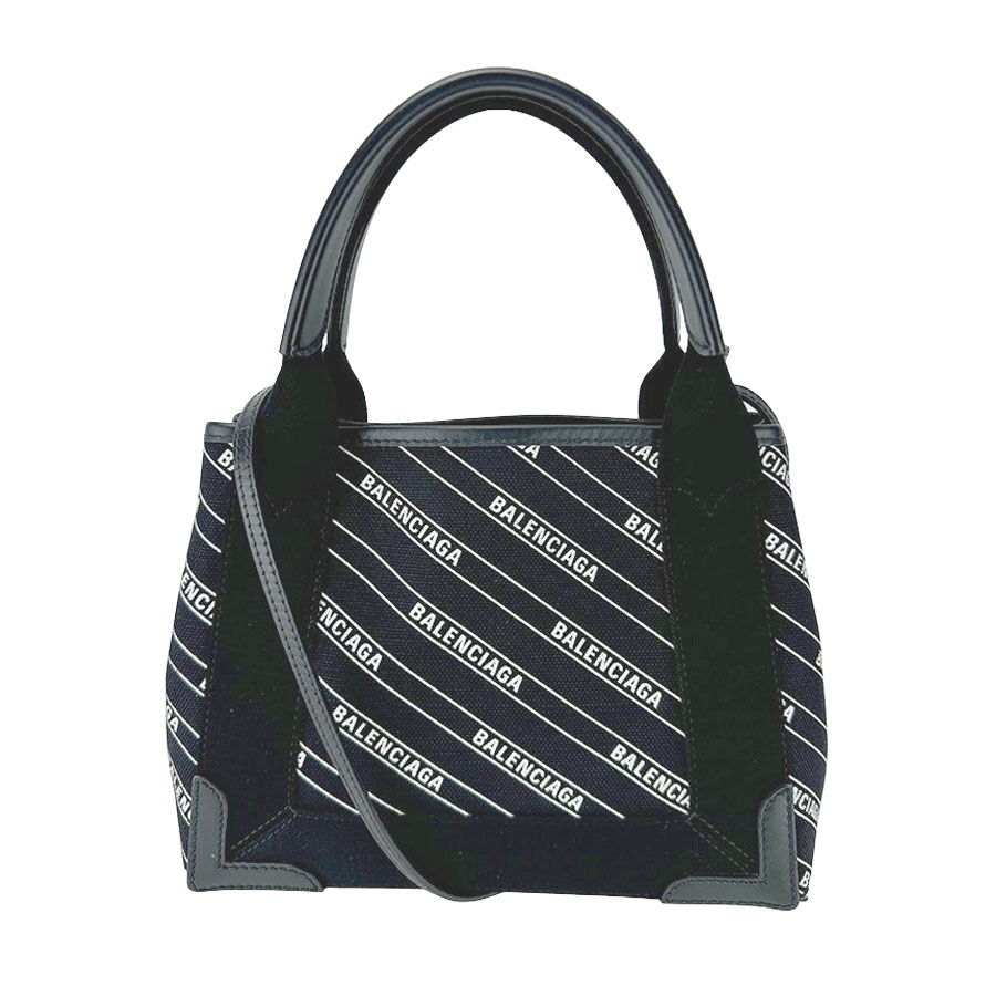 【BALENCIAGA】バレンシアガ 390346 8340 米国海軍 カバス XS  帆布/なめし革 黒いこと/白いこと 縞模様 ロゴタイプ ハンドバッグ/ショルダーバッグ 【貨物輸送無料】【中古】