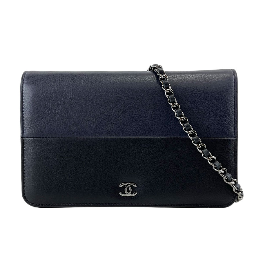 【CHANEL】シャネル チェーンウォレットバッグ バイカラー スムースレザー ネイビー/ブラック ショルダーバッグ 【送料無料】【中古】｜ガージュ　店