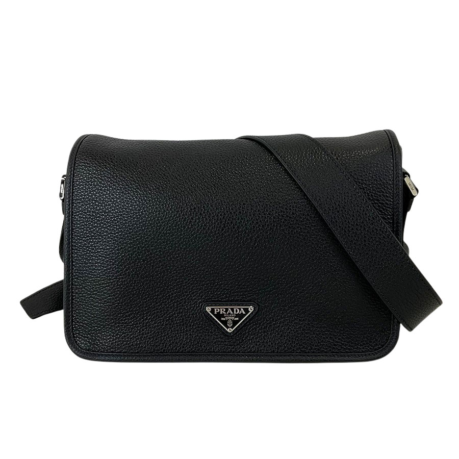 【PRADA】プラダ なめし革ショルダーバッグ メタルトライアングルロゴ 2VD075_2BBE_F0002_V_OOO 黒いこと 牛皮 ショルダーバッグ【貨物輸送無料】【未当て嵌める】【中古】