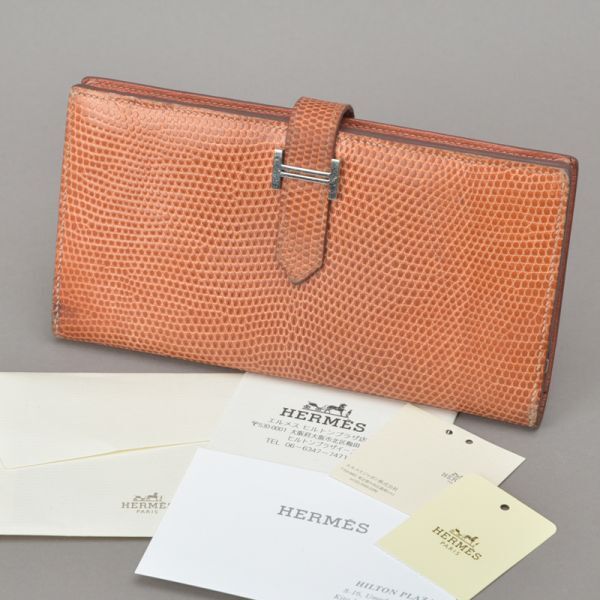 HERMES◇エルメス ベアン 二つ折り長財布 リザードレザー オレンジ M刻印 楽天市場】美品 HERMES エルメス ベアン 二つ折り長財布 リザード