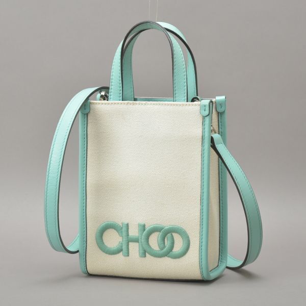 極美品 JIMMY CHOO ジミーチュウ ロゴ刺繍 2WAY ショルダーバッグ ハンドバッグ キャンバス グリーン ナチュラル 鞄 /a.h/a.f