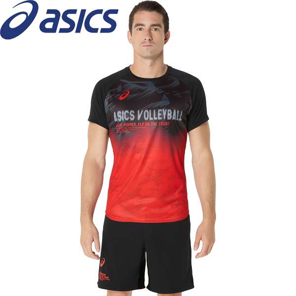 ◆◆メール便発送 ＜アシックス＞ ASICS トップライン半袖シャツ 2051A373 (001：パフォーマンスブラック×ファイアリーレッド) 2051A373-001