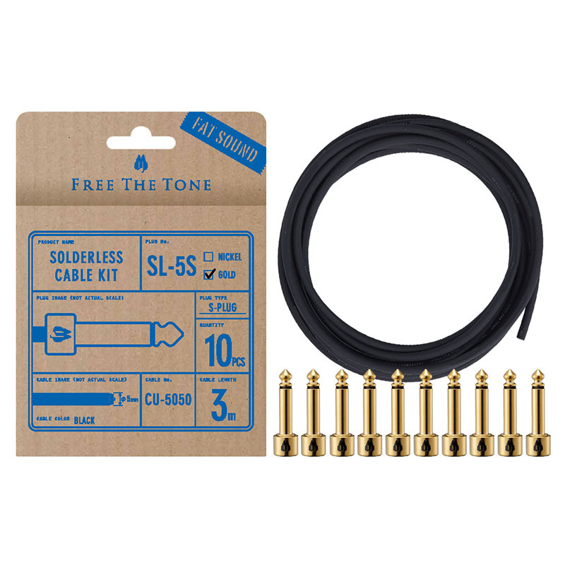 【マラソン限定♪エントリーで全商品P10倍!!】Free The Tone SL-5S-GD-10K CU-5050用ソルダーレスプラグキット　Sプラグ10個 / CU-5050ケーブル3m ゴールド〈フリーザトーン〉｜楽器de元気