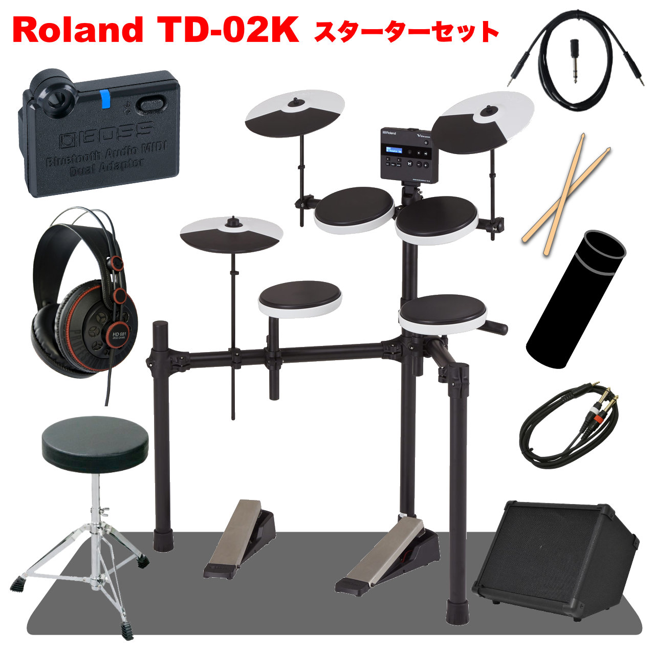 Roland ローランド 次回分 TD-02K スターターセット マット BT-DUAL アンプ 付き 電子ドラム エレドラ【TD-02K】【 クロス付き 入荷待ち ご予約受付中 】 エントリー 初心者 子供 吹奏楽 軽音楽部 ドラムセット コンパクト 自宅 練習｜ワタナベ楽器　ＳＨＯＰ