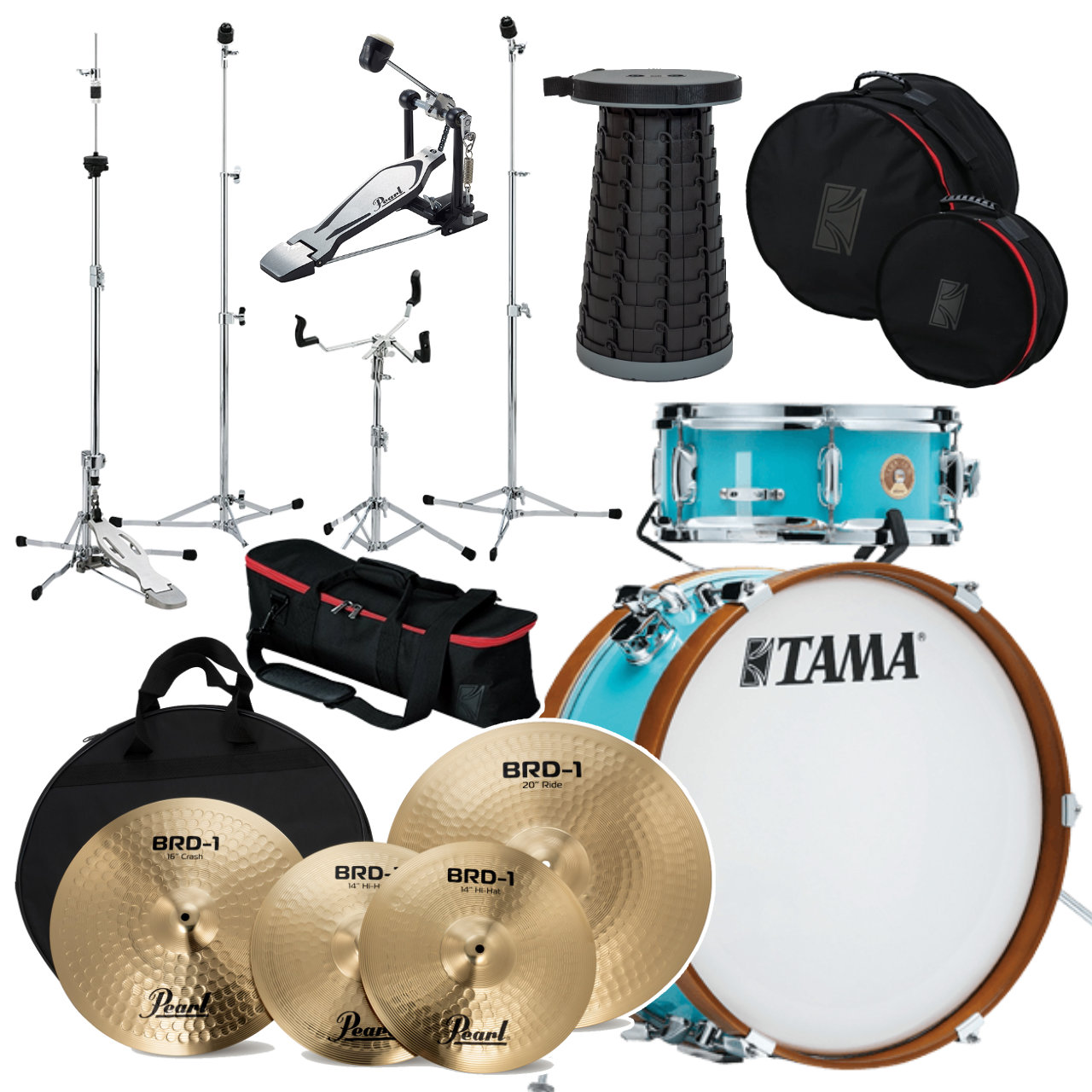 TAMA タマ Club-JAM Mini Kit LJK28S-AQB シンバル スタンド イス ペダル ケース【LJK28S-AQB】【在庫有り 】 クラブジャム 小口径 コンパクト ドラムセット ミニ アコースティック 小スペース｜ワタナベ楽器　ＳＨＯＰ