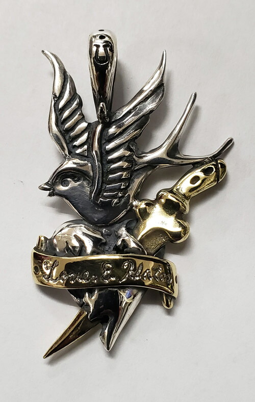 galcia / ガルシア PENDANT HEAD "SWALLOW & HEART & KNIFE " MEDIUM SIZE SILVER 925 BRASS シルバー ブラス スワロー ツバメ ハート ナイフ ペンダント (20NT-OSSW007SB)|galcia 店