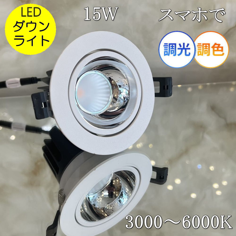 【期間限定pt3倍】 ダウンライト 15ワット led 調光 調色 スマホ操作 LED シルバー ゴールド 暖色 白色 角度調整可 シンプル おしゃれ 安い 北欧 アンティーク 3000K 6000K グラデーション ジャンピング 常夜灯 リラックス