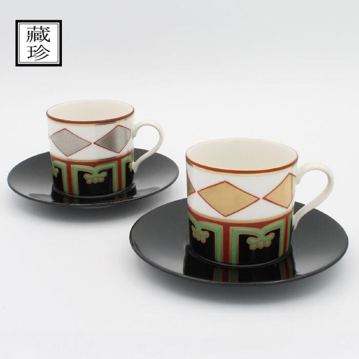 蔵珍窯　小泉蔵珍　色絵金銀菱ペア　コーヒー碗皿　珈琲　手作り　手描き　贈り物　 日本製　野々村仁清　金銀　めでたい　お祝い　ギフト　贈り物