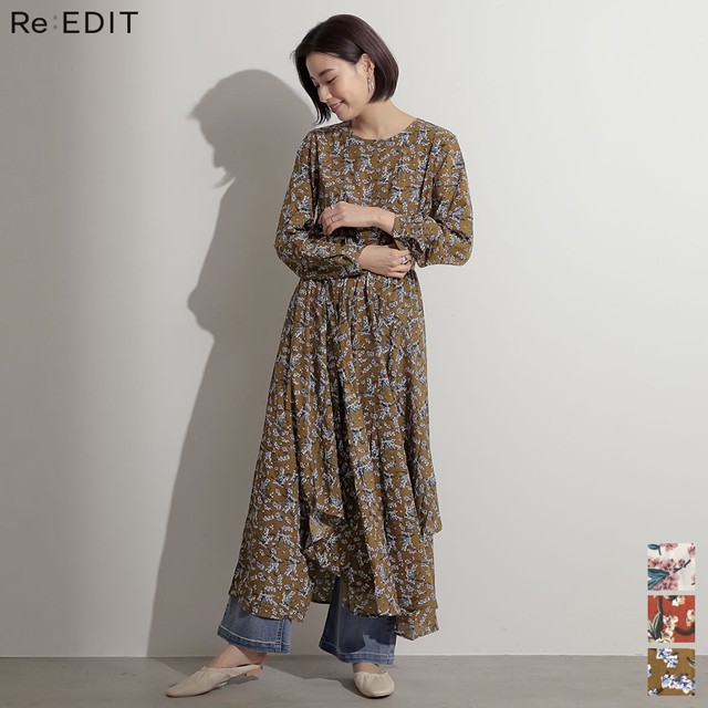 楽天市場 ニュアンスたっぷりな大人の花柄アイテム M Lサイズ イレギュラーヘム花柄ワンピース レディース Uネック アシンメトリー アシメ ウエストリボン 春色 春カラー Re Edit リエディ