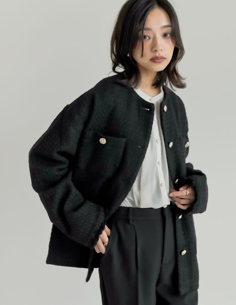 SPECIAL FAIR】ツイードフリンジノーカラージャケット レディース 春