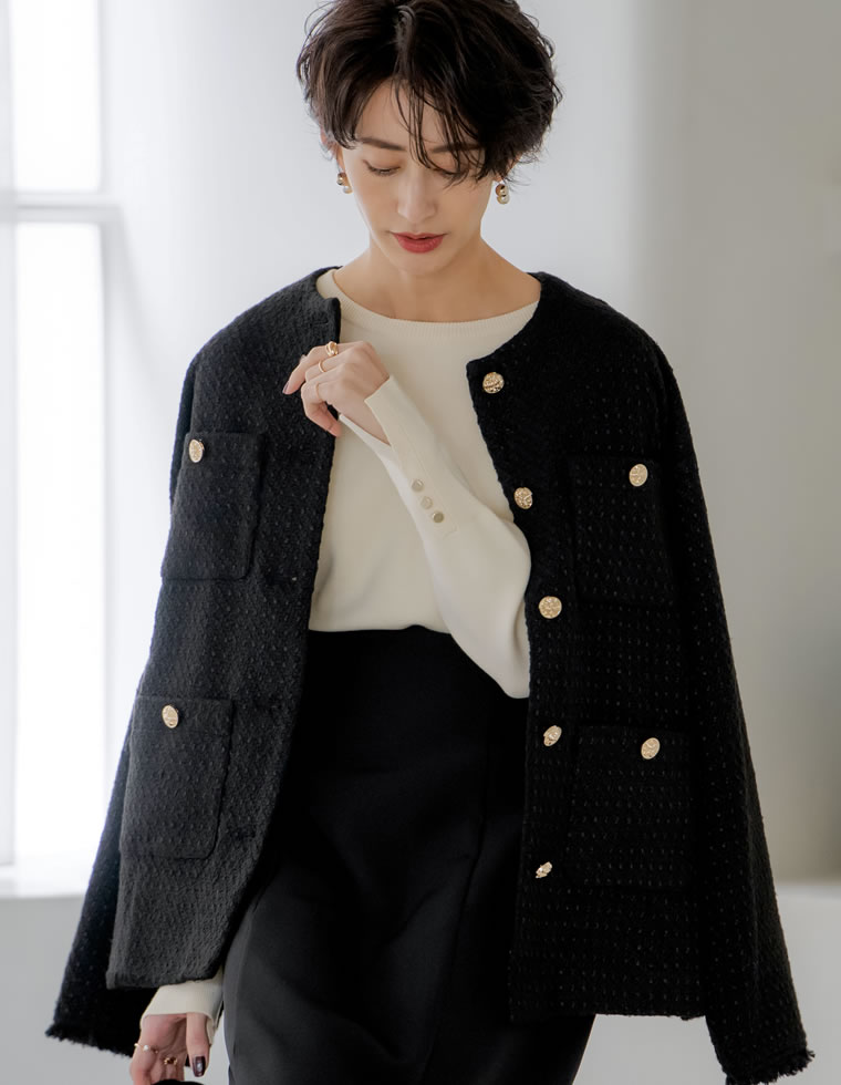 未使用級✨セオリー ジャケット ノーカラー ツイード フリンジ セレモニー 黒 S-3L/セレモニーからデイリーまで】フリンジツイードジャケット （ノー