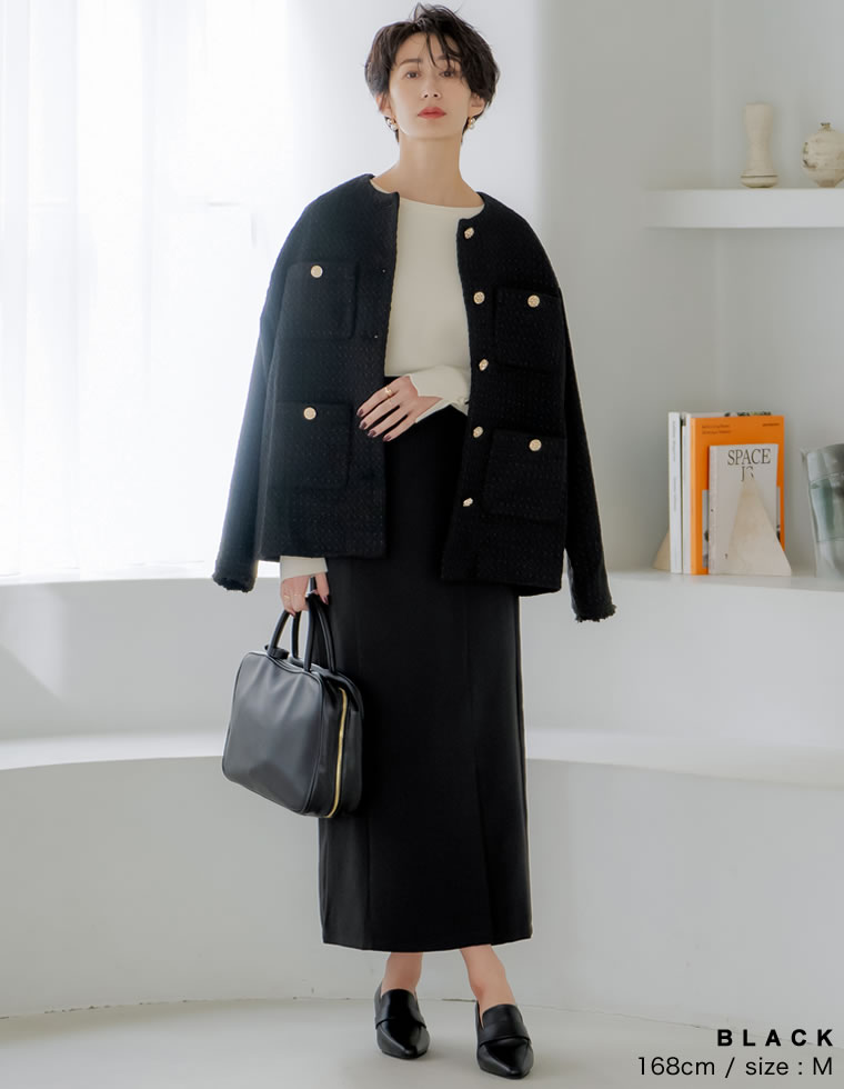 リエミラー フリンジジャケット ツイードジャケット 黒 L~XL相当 極美品 SPECIAL FAIR】ツイードフリンジノーカラージャケット レディース 春