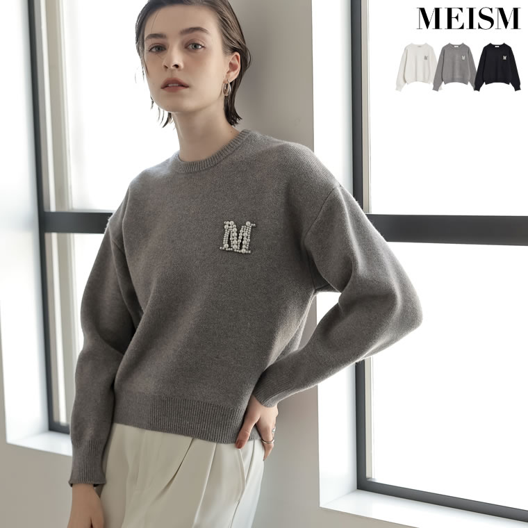 [MEISM]ビジューエンブレムニットトップス レディース 冬 春 トップス ニット セーター 長袖 ニットトップス ビジュー ロゴ ゆったり ラインストーン ニットプルオーバー 冬 春