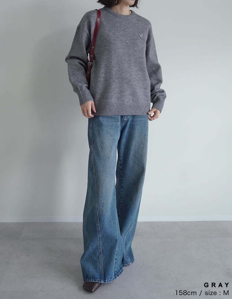 【限定!40%OFFクーポン】アルパカタッチハートワッペン付ニットトップス レディース 秋 冬 リエディ / トップス ニット セーター ハート ビジュー ストーン スウェットライクニット オーバーサイズ アルパカタッチ