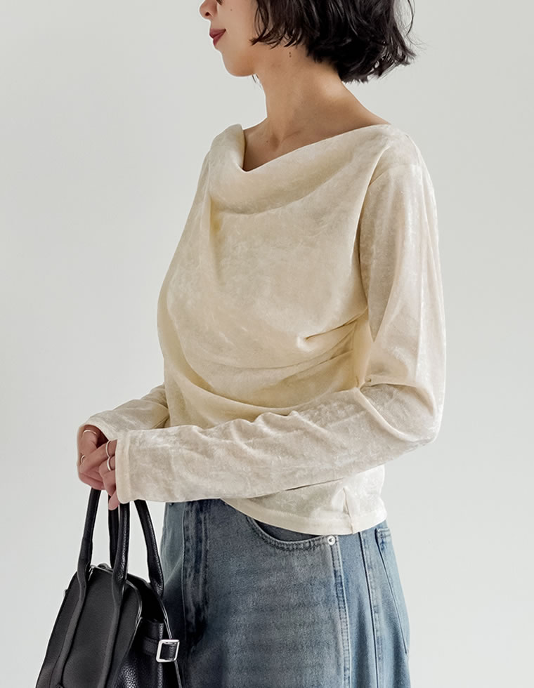 【限定！15%OFFクーポン】シアーフロッキードレープ長袖ベロアトップス レディース 秋 冬 リエディ トップス Tシャツ カットソー 長袖 ベロア ドレープ フロッキー シアー プルオーバー ロンT ドレープ メッシュ レイヤード 重ね着 [mb]