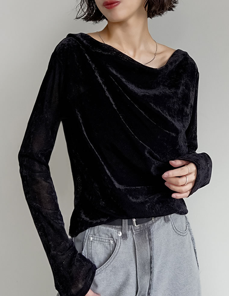 【限定！15%OFFクーポン】シアーフロッキードレープ長袖ベロアトップス レディース 秋 冬 リエディ トップス Tシャツ カットソー 長袖 ベロア ドレープ フロッキー シアー プルオーバー ロンT ドレープ メッシュ レイヤード 重ね着 [mb]