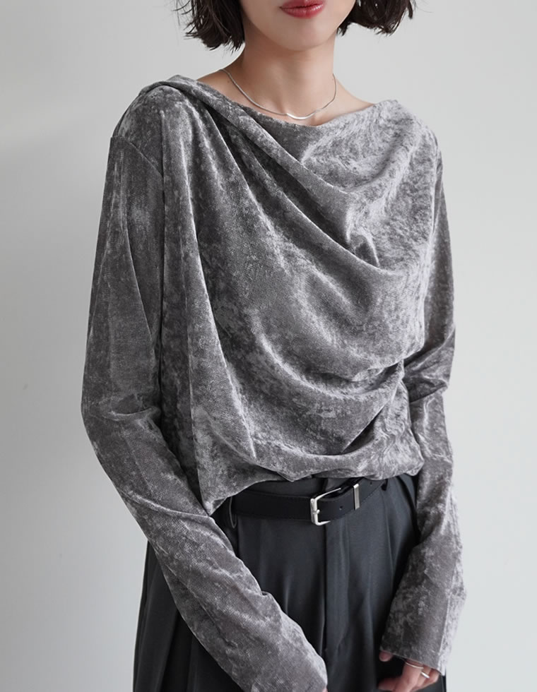 【限定！15%OFFクーポン】シアーフロッキードレープ長袖ベロアトップス レディース 秋 冬 リエディ トップス Tシャツ カットソー 長袖 ベロア ドレープ フロッキー シアー プルオーバー ロンT ドレープ メッシュ レイヤード 重ね着 [mb]