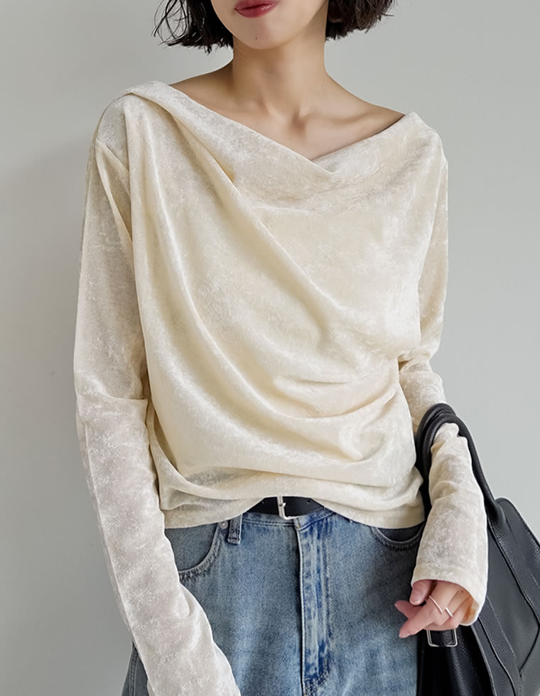 【限定！15%OFFクーポン】シアーフロッキードレープ長袖ベロアトップス レディース 秋 冬 リエディ トップス Tシャツ カットソー 長袖 ベロア ドレープ フロッキー シアー プルオーバー ロンT ドレープ メッシュ レイヤード 重ね着 [mb]