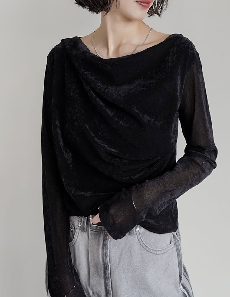 【限定！15%OFFクーポン】シアーフロッキードレープ長袖ベロアトップス レディース 秋 冬 リエディ トップス Tシャツ カットソー 長袖 ベロア ドレープ フロッキー シアー プルオーバー ロンT ドレープ メッシュ レイヤード 重ね着 [mb]