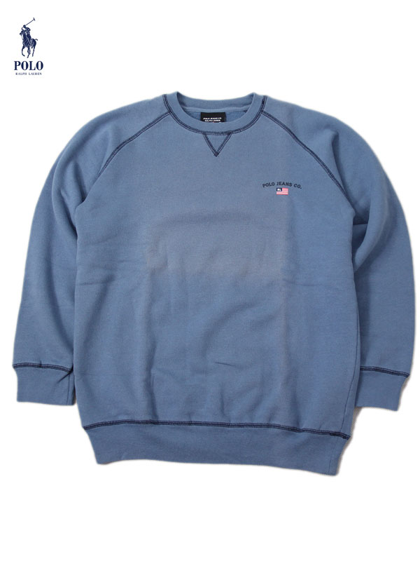 【ビンテージ】【置き目品】  POLO JEANS Ralph lauren ONE POINT CREW NECK SWEAT aqua blue ポロ ラルフローレン ワンポイント 労働者の一団素っ首 流汗 アクアブルー 日焼有り