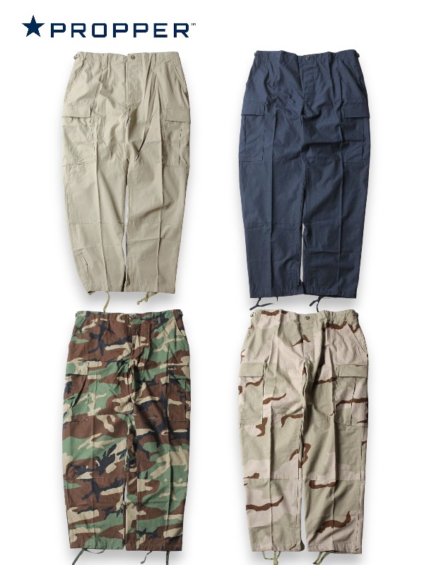 【インポート】PROPPER COTTON RIPSTOP TROUSER BDU CARGO PANTS SHORT khaki d.navy woodland camo 3color desert camo プロパー コットンリップストップ カーゴパンツ ショートレングス ボタンフライ カーキ ダークネイビー ウッドランドカモ 3カラーデザートカモ F520155｜game clothing