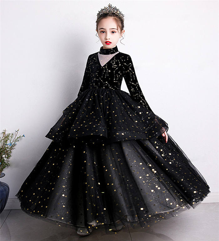 ドレス 子供ドレス ロングワンピース 暖かい 高級dress ピアノ発表会 ブラック 子供ドレス 誕生日 パーティー 長袖ベビードレス ロングドレス 刺繍 チュール 子どもドレス フォーマル 七五三 お呼ばれ イベント ステージ衣装 結婚式 演奏会 100 110 1 130 140 150 Csg