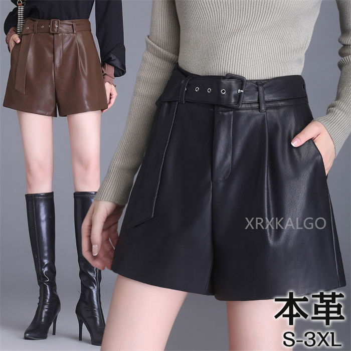 ショートパンツ レディース 短パン 本革 ラムレザーパンツ 着痩せ革パンツ ゆったり ヒップアップ ハイウエスト ワイド レッグ シープ スキン オールマッチ アウター パンツ 大きいサイズ ビッグサイズ トレンド おしゃれ 羊革 送料無料 プレゼント S/M/L/XL/2XL/3XL｜つげ村shop