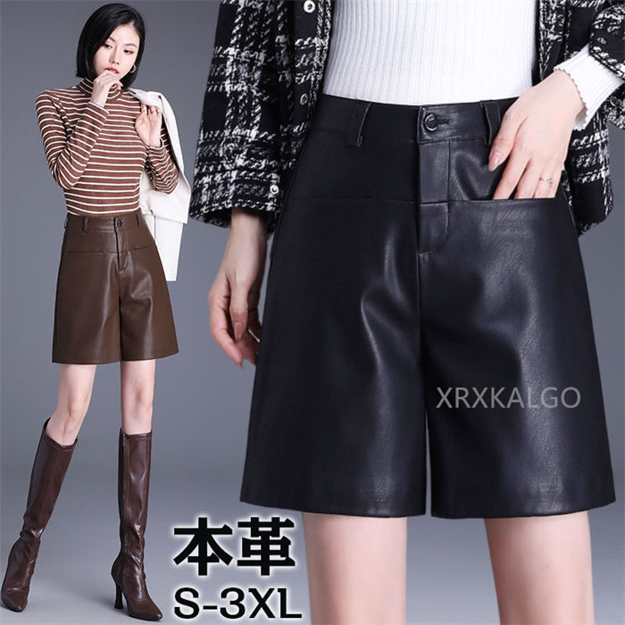 ショートパンツ レディース 短パン 本革 ラムレザーパンツ 着痩せ革パンツ ゆったり ヒップアップ ハイウエスト ワイド レッグ シープ スキン オールマッチ アウター パンツ 大きいサイズ ビッグサイズ トレンド おしゃれ 羊革 送料無料 プレゼント S/M/L/XL/2XL/3XL