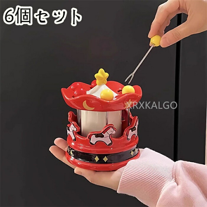 【SALE10%OFF】収納缶 セッ卜 フル一ツフオ一ク つまようじ入れ　メリーゴーランド型収納缶 かわいい ステンレス製 デザートフォーク セラミック 保存瓶 セット フルーツインサート 子供に安全なフルーツピック 6個 デザートフォーク 誕生日 パーティー ギフト 4,267円