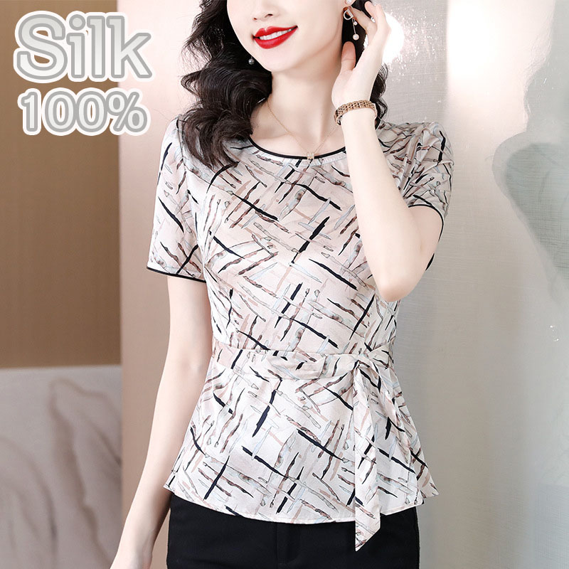 【SALE10%OFF】シルクシャツ ブラウス シルク100% 半袖 五分袖 リボンベルト レディースシャツ 花柄 スタンドカラーシャツ シワになりにくい 滑らか カジュアル 夏 トップス 国風 伝統 通勤 OL フォーマル 入園式 入学式 母の日 30代 40代 50代 プレゼント ギフト