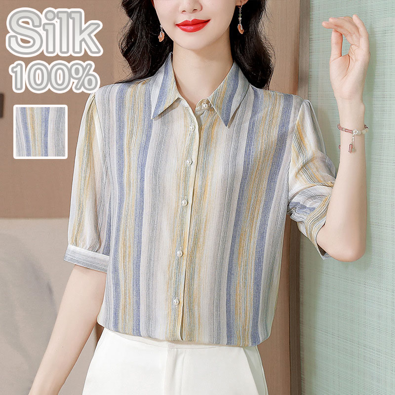 【SALE10%OFF&5倍ポイント】シルクシャツ ブラウス シルク100% 半袖 五分袖 オシャレ 折り襟 レディース ストライプ スタンドカラーシャツ シワになりにくい 滑らか カジュアル 夏 トップス インナー 大人 通勤 OL フォーマル 入学式 母の日 30代 40代 50代 プレゼント