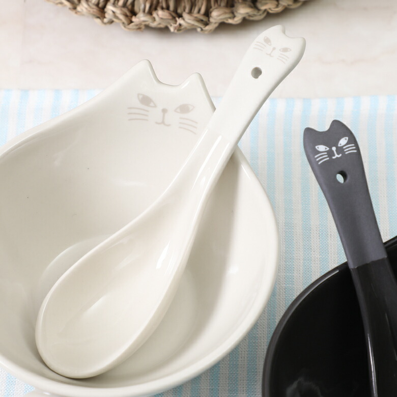 FIKA　猫のレンゲ　アイボリー/ブラック　NA-43771・43772　ねこ　モノトーン　鍋グッズ　ネコ　雑炊スプーン　レンゲ　スプーン