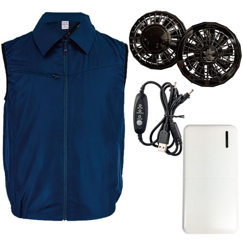 岡潮　冷感保冷剤付き、空調ベスト＋バッテリー付２０２０１　ネイビー　4L 20201 空調ベスト ネイビー 服のみ