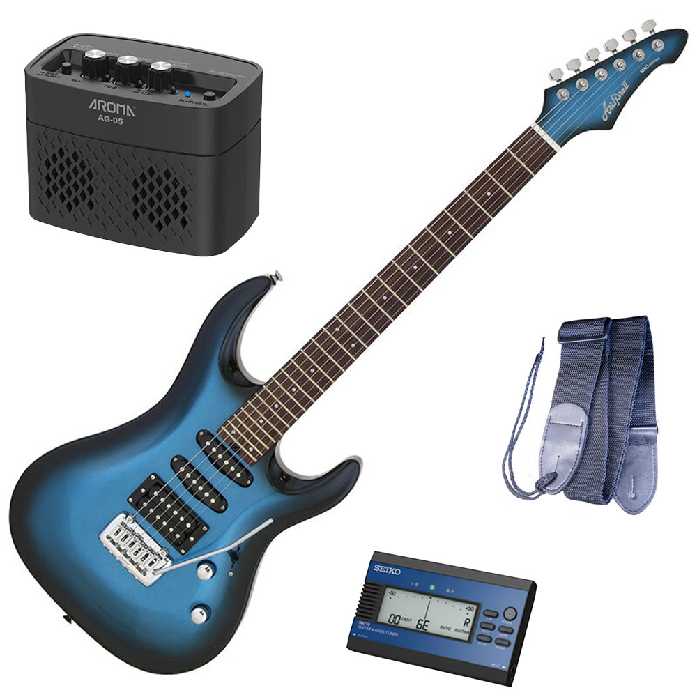 【店内全品5%OFFｾｰﾙ開催中】【セイコーチューナー＆アンプセット】AriaProII エレキギター MAC-STD MBS＋SAT10L＋ギターストラップ＋AG-05 BK｜Ｇ＆Ｇ onlineshop