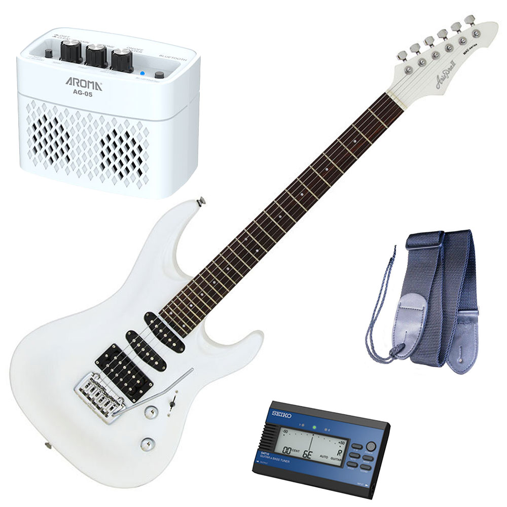 【セイコーチューナー＆アンプ＆教則セット】AriaProII エレキギター MAC-STD PWH＋SAT10L＋ギターストラップ＋AG-05 WH＋教則DVD