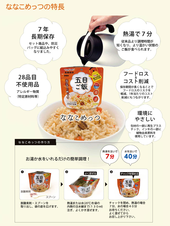 【アルファ化米】マジックライスななこめっつ白飯(20袋入/箱)マジックライスサタケアルファ化米アレルギー対策品非常食保存食災害食非常食備蓄防災アウトドア