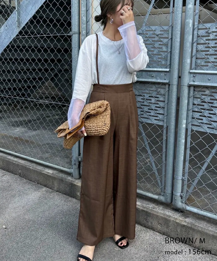 リネンライクサスペンダー付きパンツ レディース 夏 M リネン